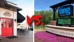 cary restaurant on left side, holly springs ting park on right side
