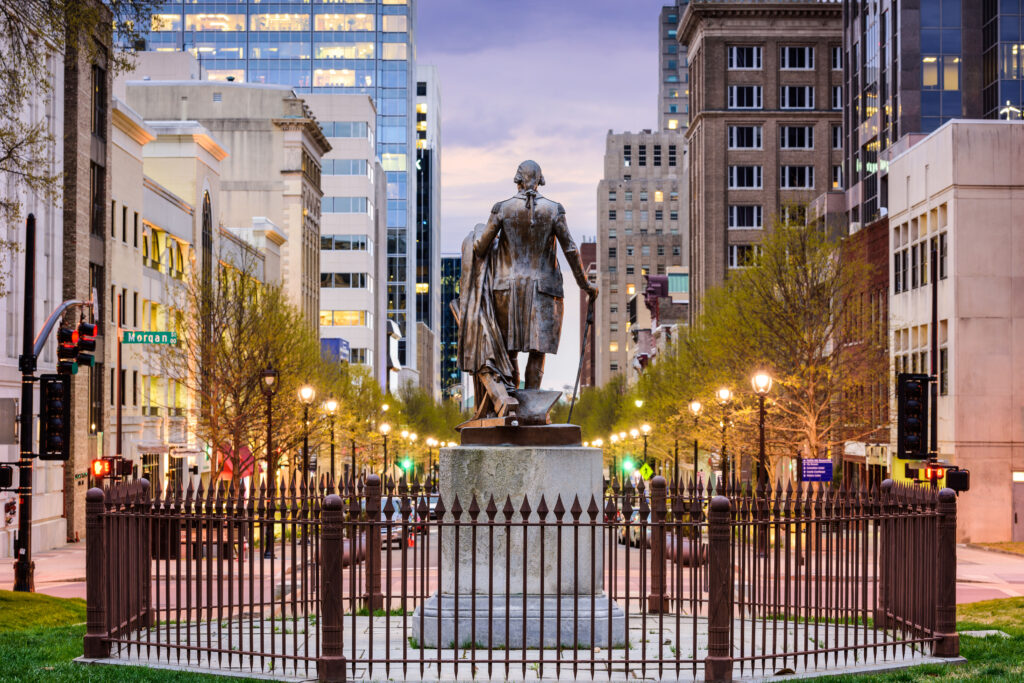 Fayetteville Street in Raleigh, NC runs through the center of the downtown district with shopping and commercial spaces.