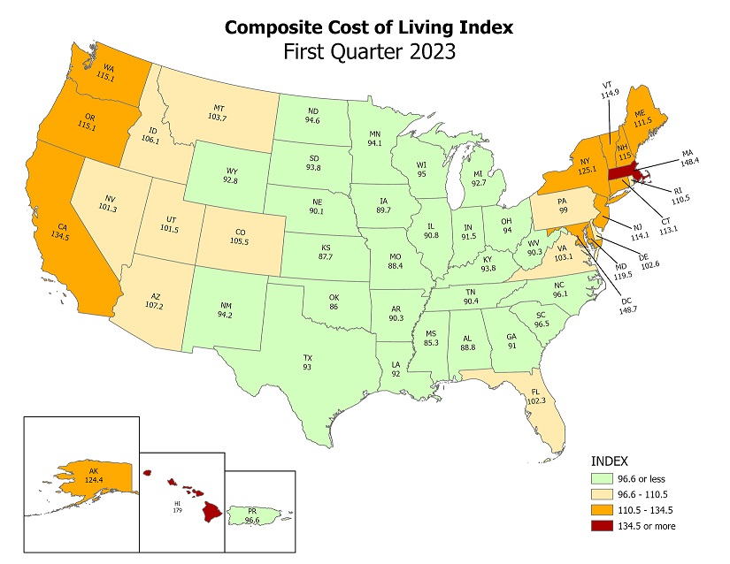 Composite cost of living index map of the United States if you want to retire in North Carolina