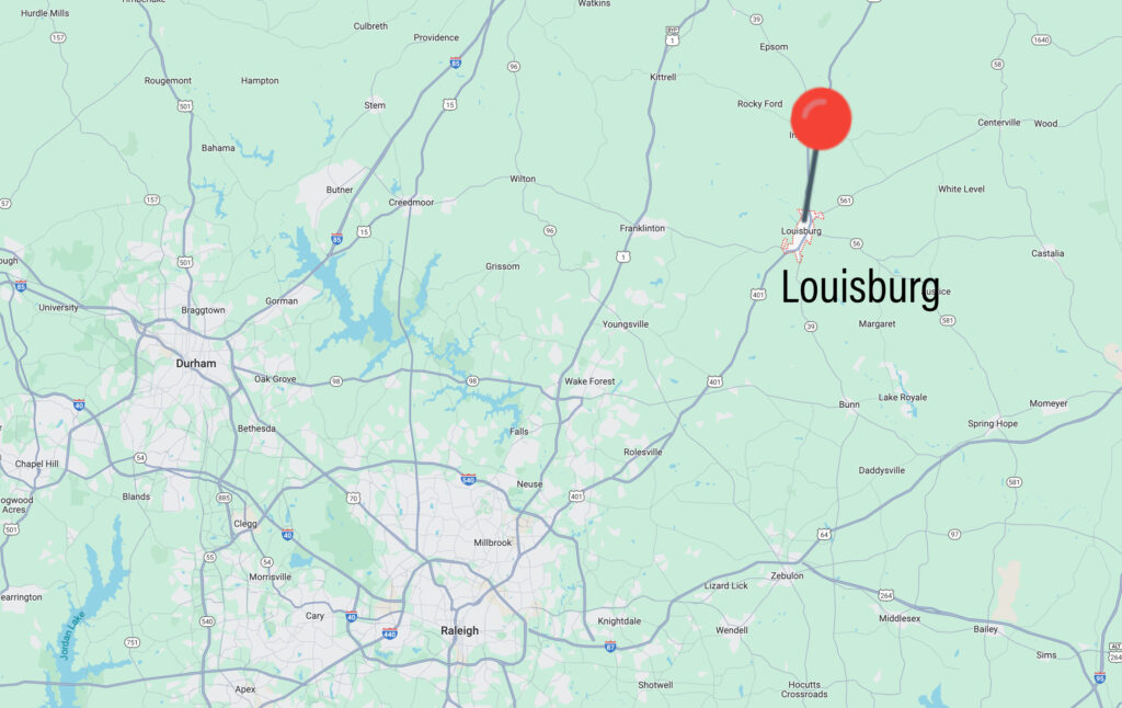 Living in Louisburg map. The town sits at 2:00, northwest of Raleigh.