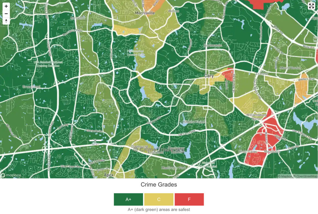 Cary, NC Crime Map showing areas of higher crime around shopping centers.