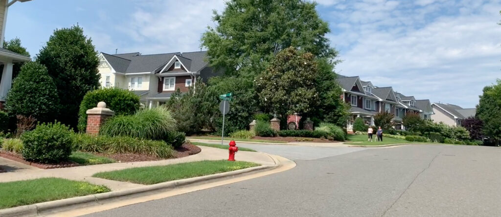 Row of bungalow houses in Apex subdivision Scotts Mill.  Scotts mill is one of the best neighborhoods in Apex NC.