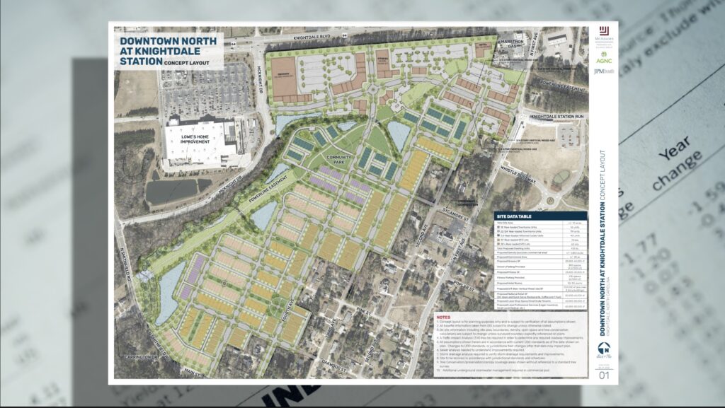 The development of Downtown North in Knightdale will increase property values in the eastern suburbs of Raleigh, NC.  Map.